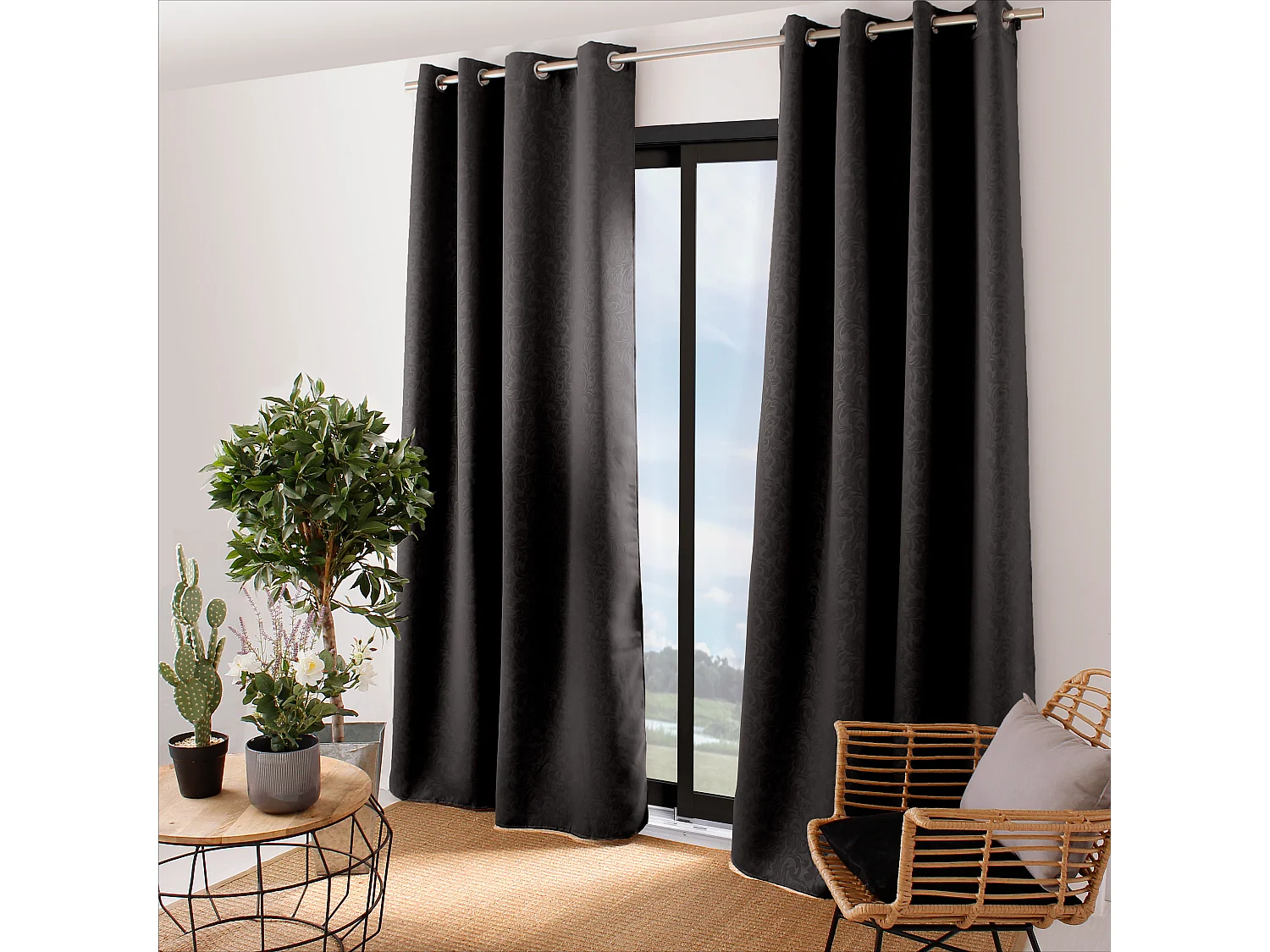 LOT de 2 Rideaux occultants avec Œillets, 140x240cm, Collection ARABESQUE, CMADECO - Noir