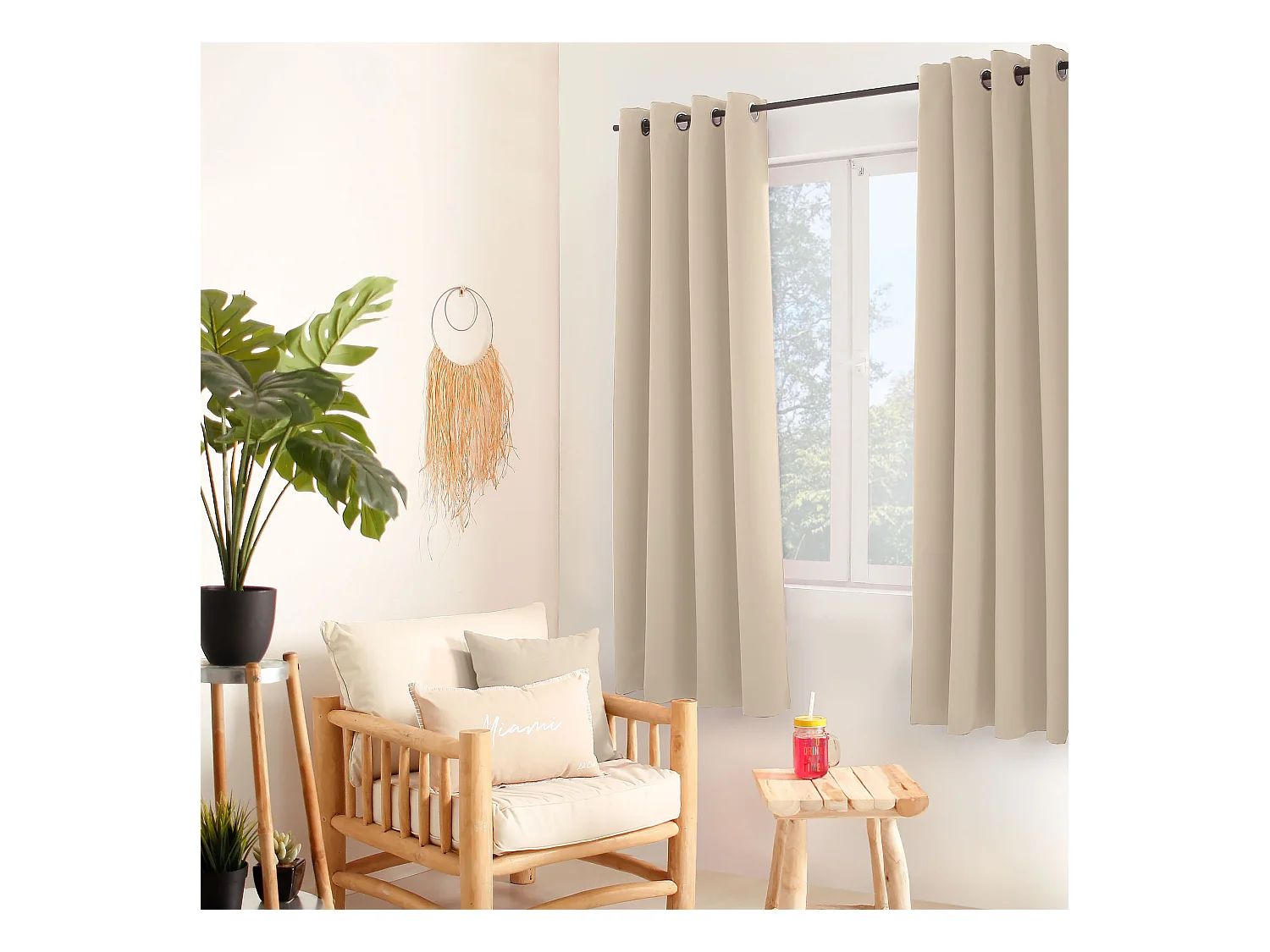 Set van 2 verduisterende gordijnen met zeilringen, ivoorbeige, 140x180cm, 100% polyester, Reglisse collectie