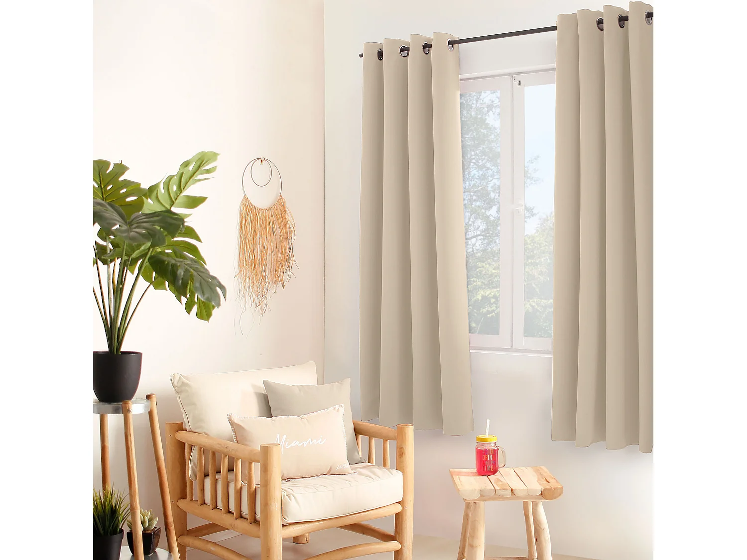 Set van 2 verduisterende gordijnen met zeilringen, ivoorbeige, 140x180cm, 100% polyester, Reglisse collectie