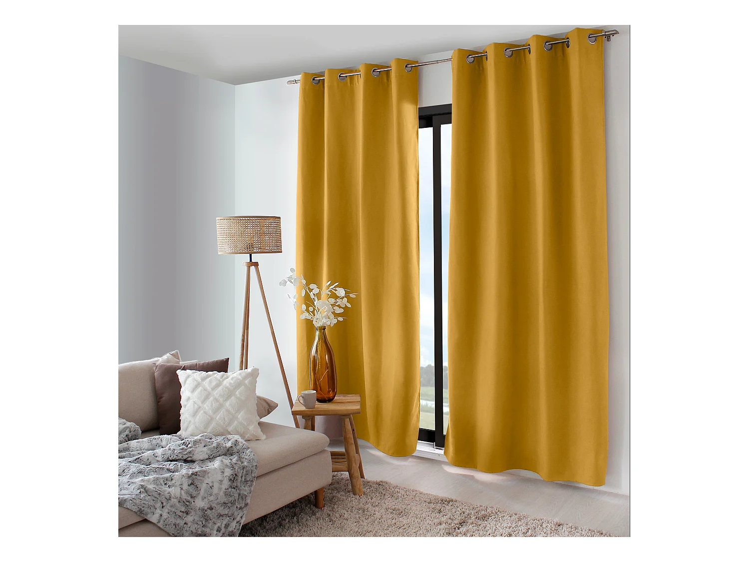 2 rideaux thermique à œillets, jaune moutarde, 135x240cm, doublure polaire, collection Nordica