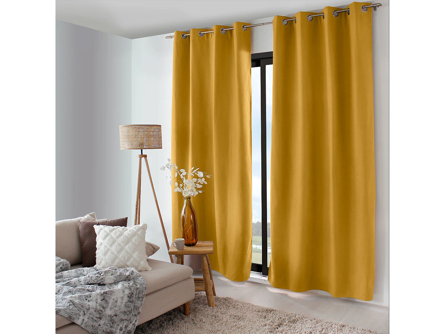 2 rideaux thermique à œillets, jaune moutarde, 135x240cm, doublure polaire, collection Nordica