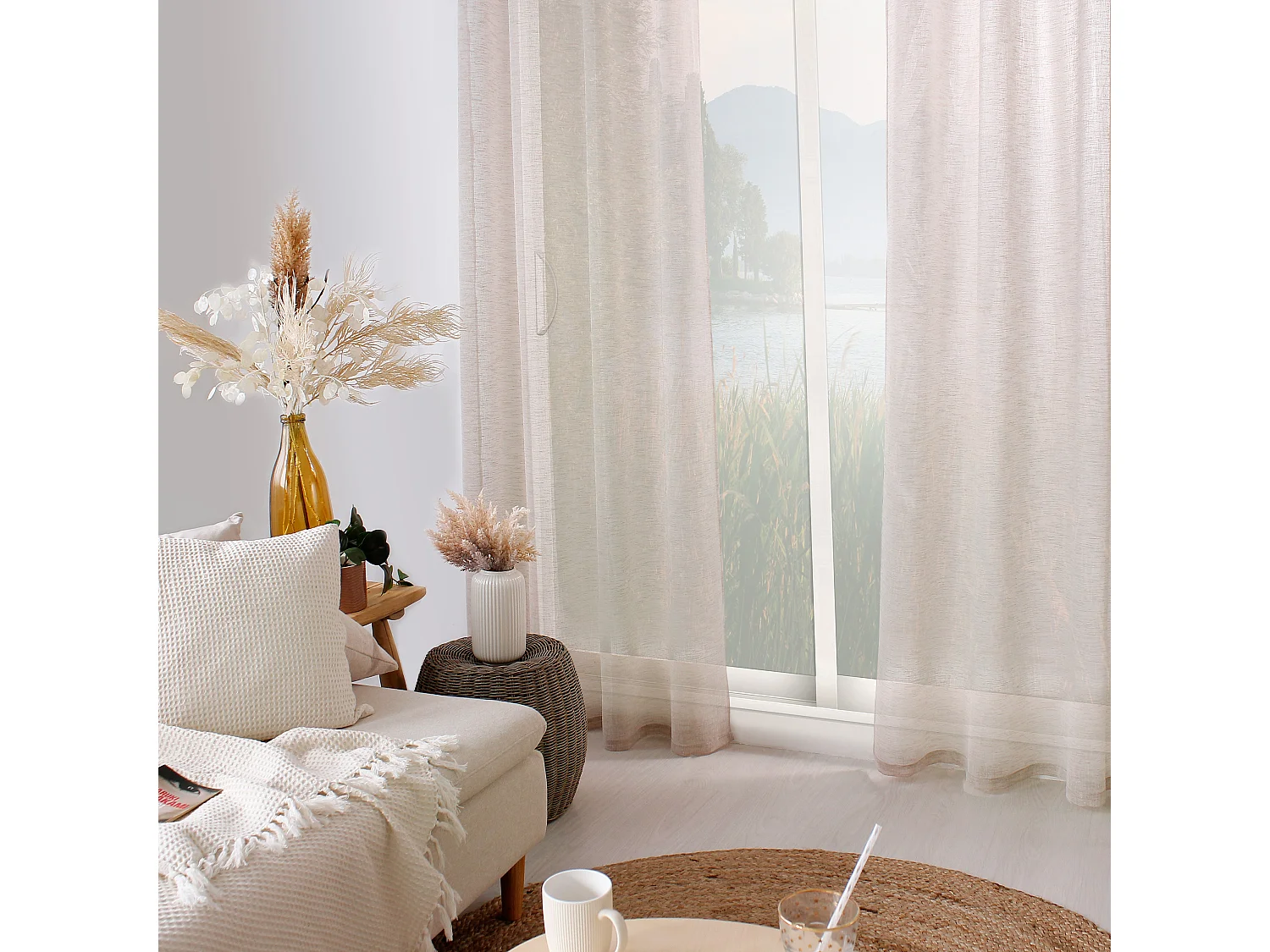 Lot de 2 voilages à œillets, 140x240cm, beige naturel, effet lin, collection Maya