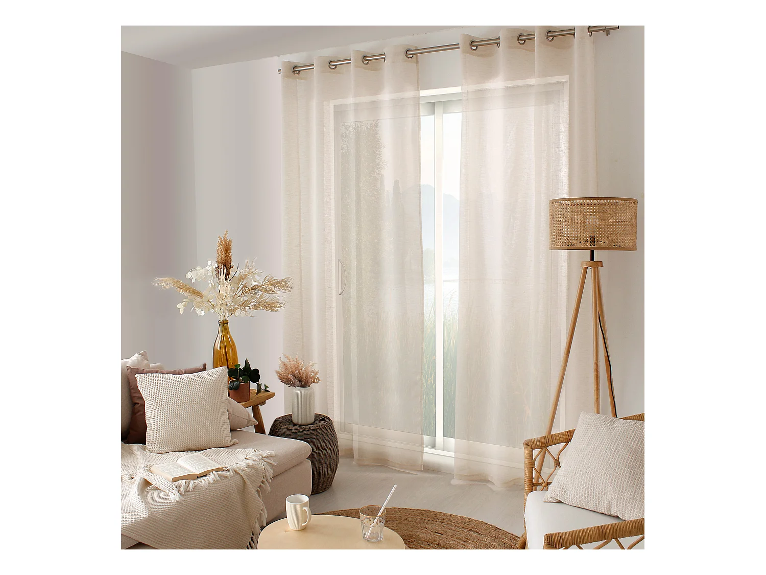 Lot de 2 voilages à œillets, 140x240cm, écru, effet lin, collection Maya