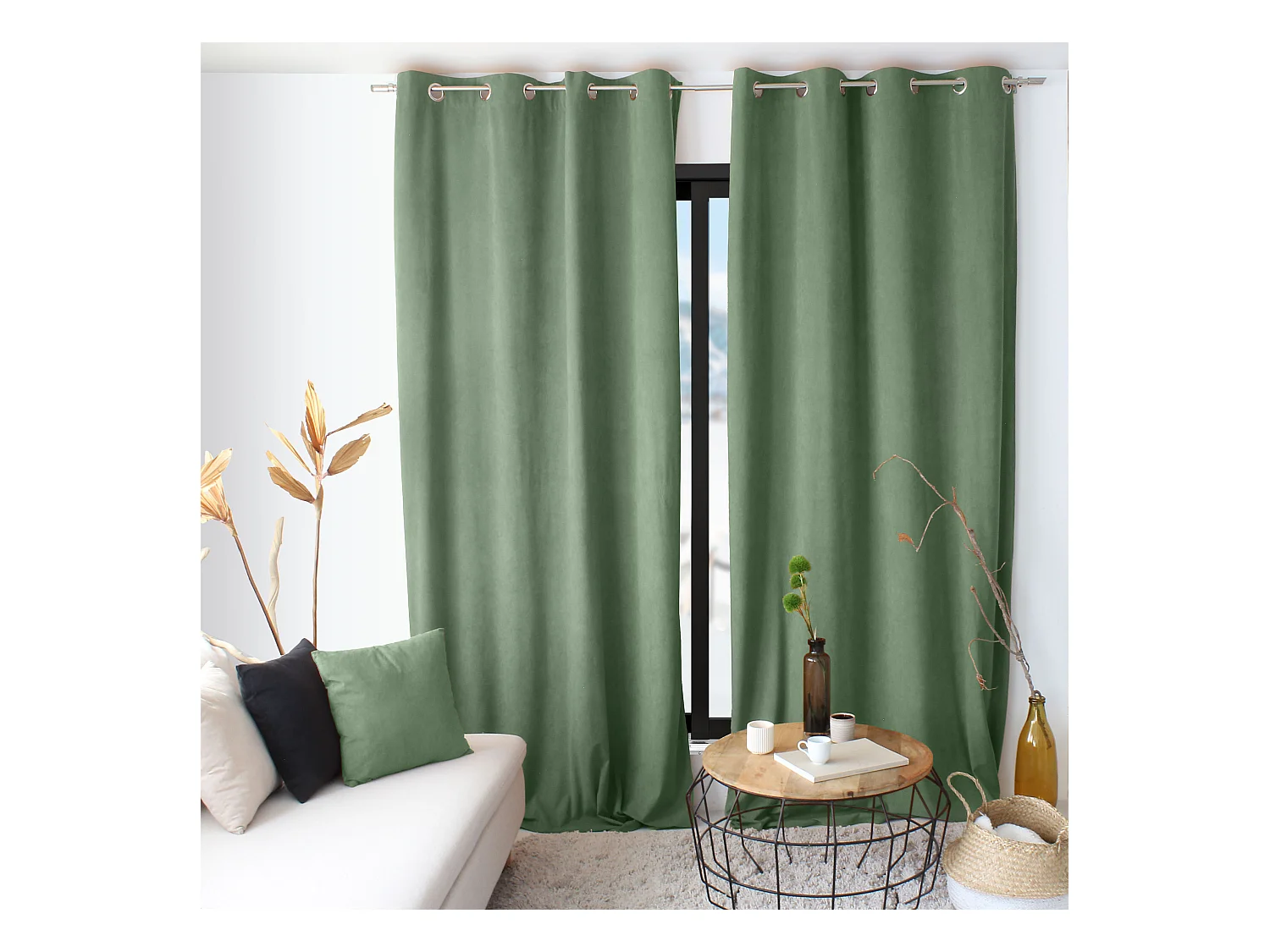 Lot de 2 Rideaux avec Œillets, Vert Argile, Grande Hauteur, 140x260cm, Velours Ras, Collection Calin