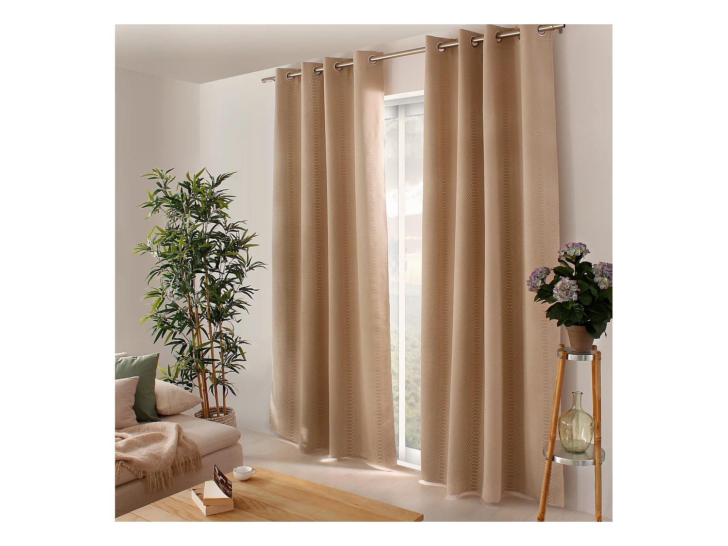 Lot de 2 rideaux occultants, avec oeillets, 140x240cm, beige naturel, motif écaille, collection Crocodile