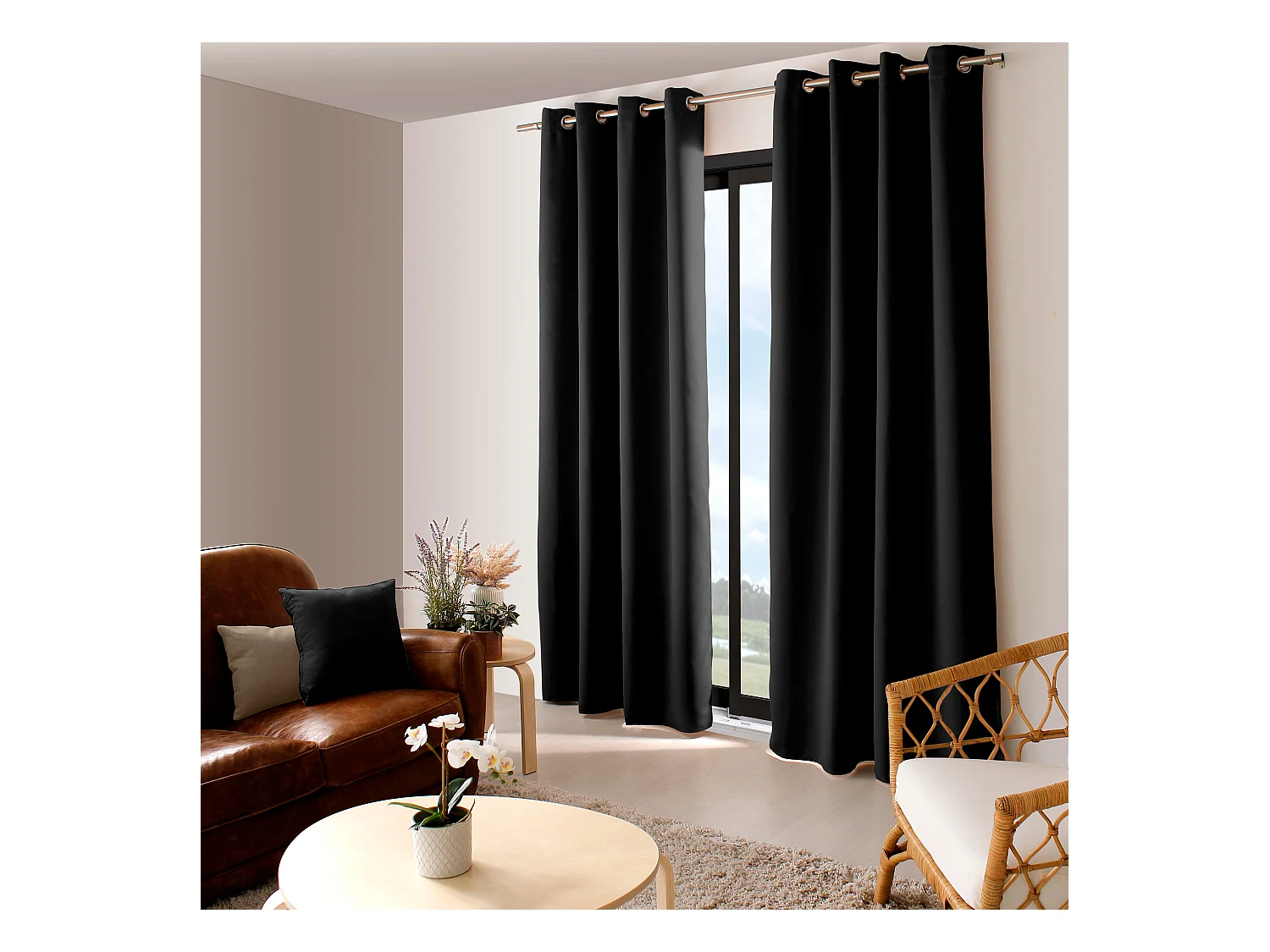 Set van 2 verduisterende gordijnen met doorvoertules, zwart, 140x280cm, 100% polyester, Réglisse Collectie