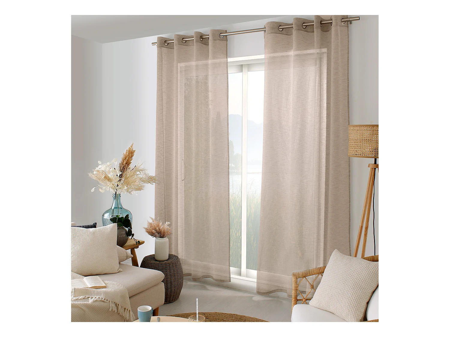 Lot de 2 voilages à œillets, 140x240cm, marron vison, effet lin, collection Maya