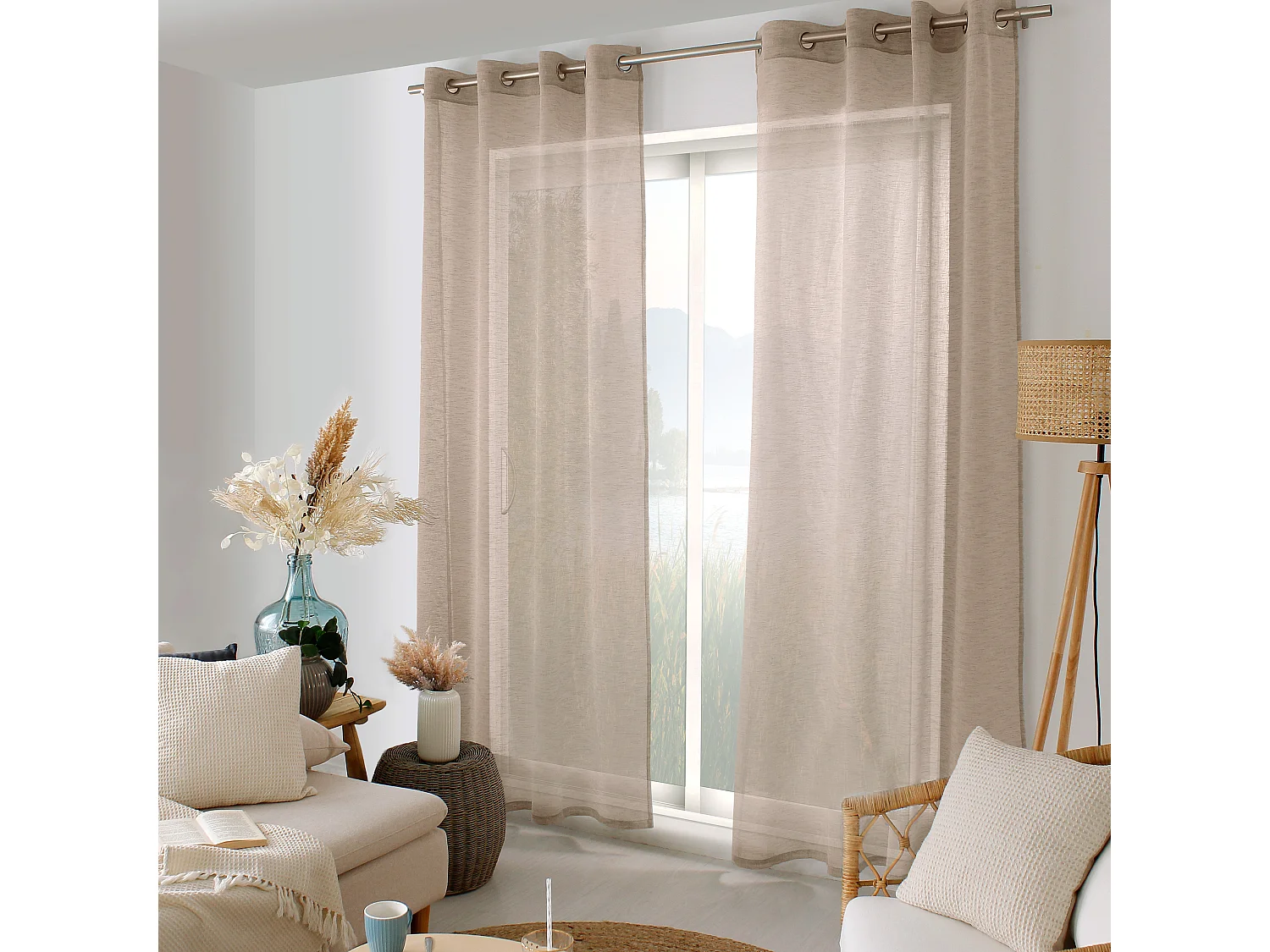 Lot de 2 voilages à œillets, 140x240cm, marron vison, effet lin, collection Maya