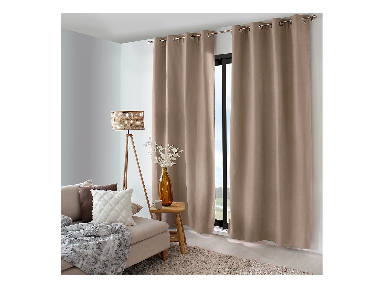 2 rideaux thermique à œillets, beige naturel, 135x240cm, doublure polaire, collection Nordica