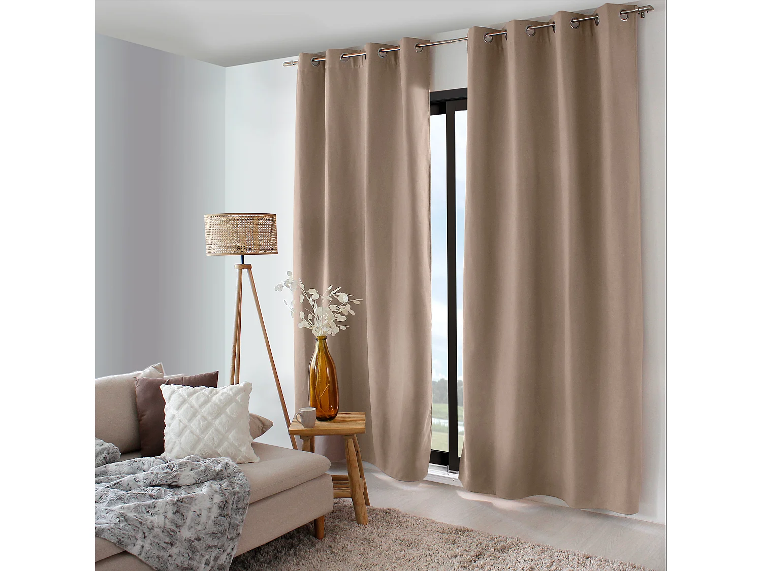 2 rideaux thermique à œillets, beige naturel, 135x240cm, doublure polaire, collection Nordica