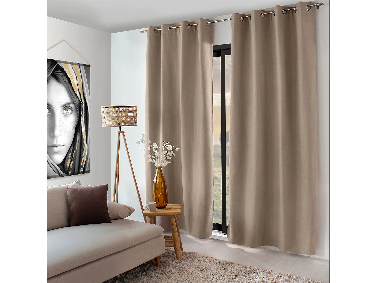 Lot de 2 Rideaux Thermique avec Œillets, 135x240cm, 100% polyester, Collection Nordica, CMADECO - Beige