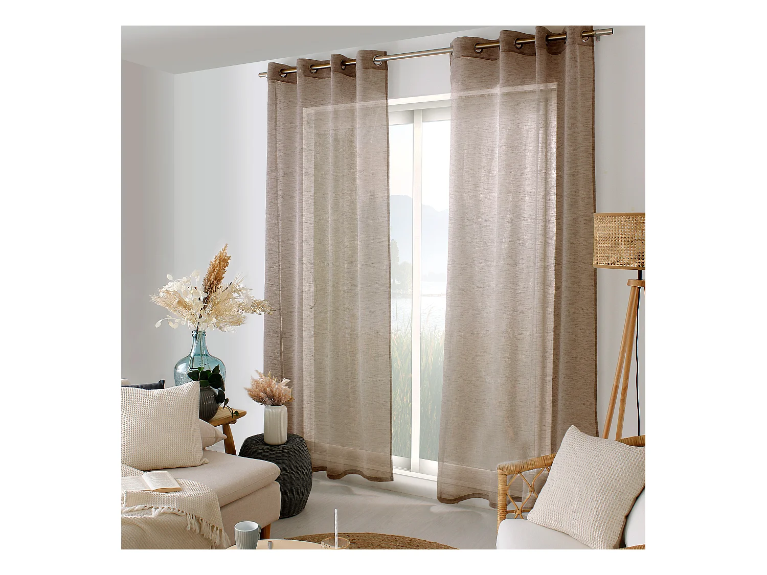 Lot de 2 voilages à œillets, 140x240cm, marron chocolat, effet lin, collection Maya