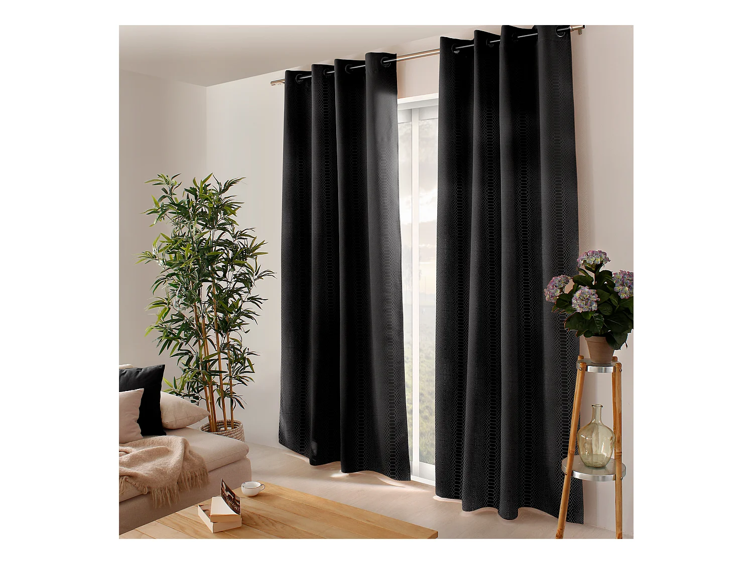 Lot de 2 rideaux occultants, avec oeillets, 140x240cm, noir, motif écaille, collection Crocodile