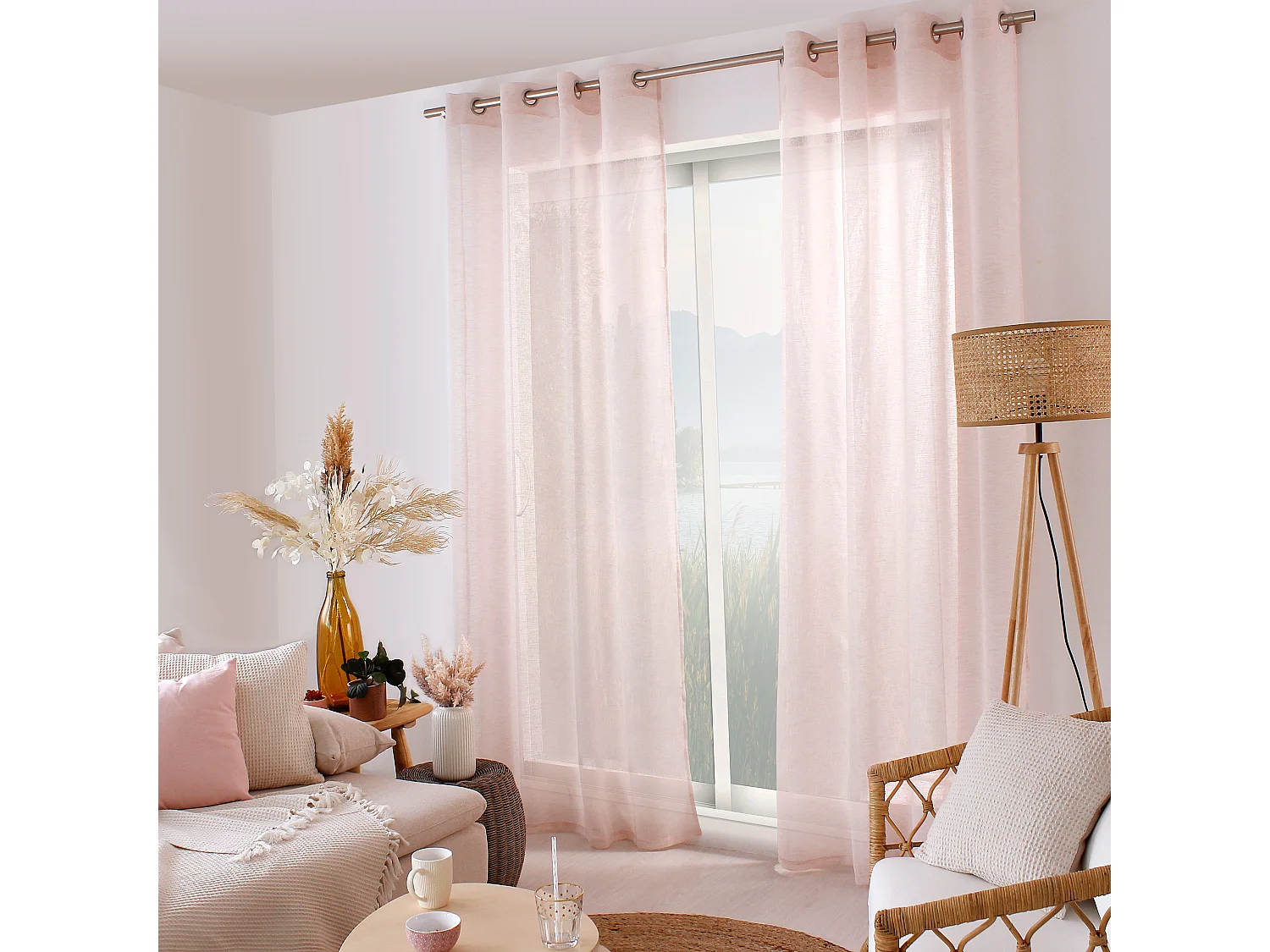 Lot de 2 voilages à œillets, 140x240cm, vieux rose, effet lin, collection Maya