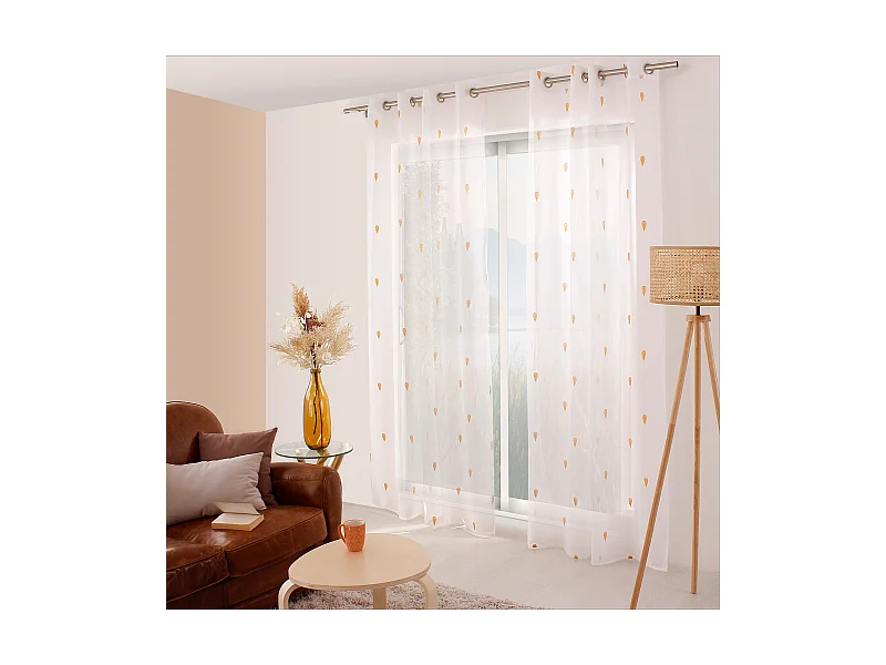 Lot 2 voilages étamine blanc, 140x240cm,  broderie gouttes jaune miel, 140x240cm, collection Telline
