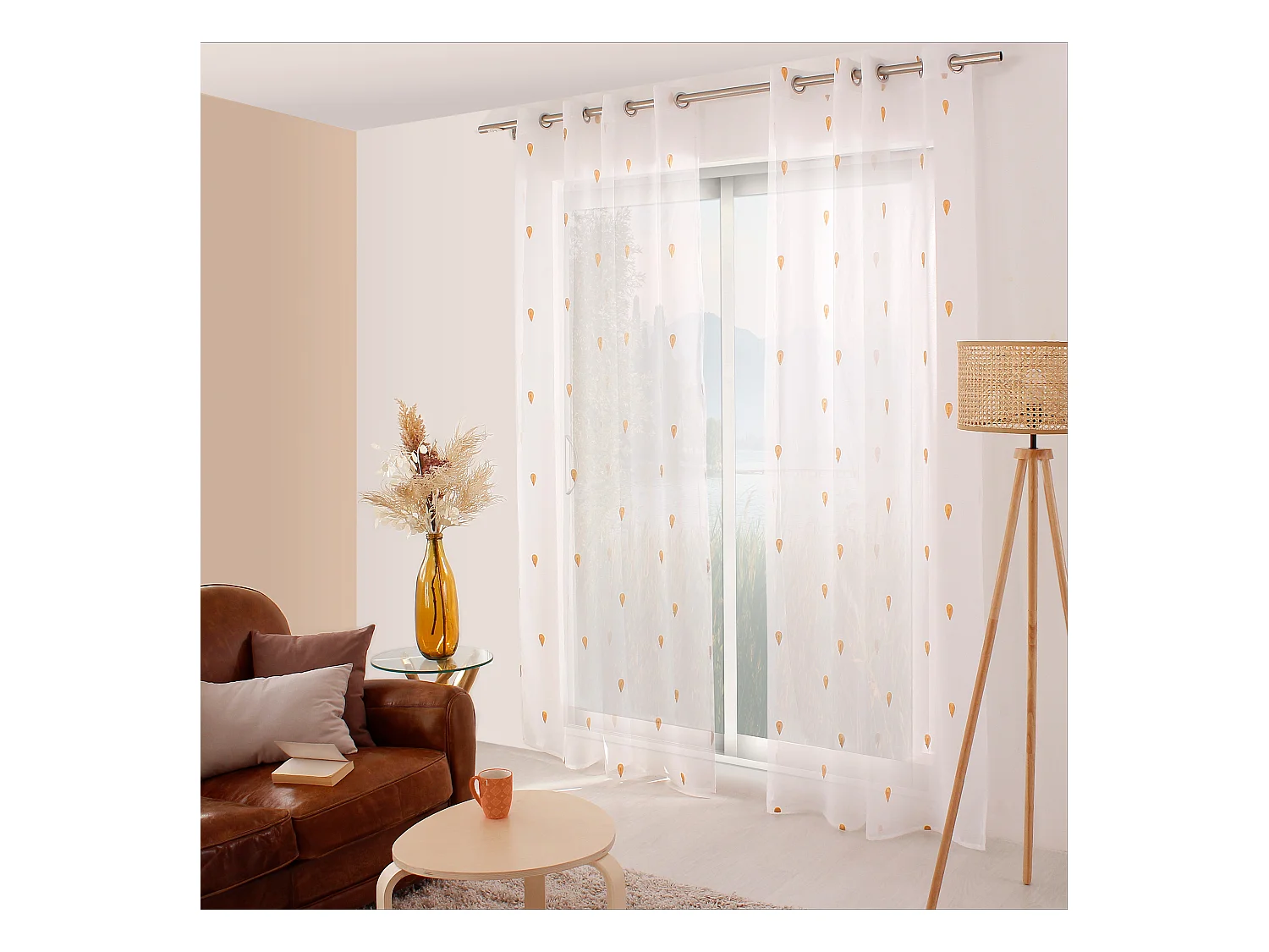 Lot 2 voilages étamine blanc, 140x240cm,  broderie gouttes jaune miel, 140x240cm, collection Telline