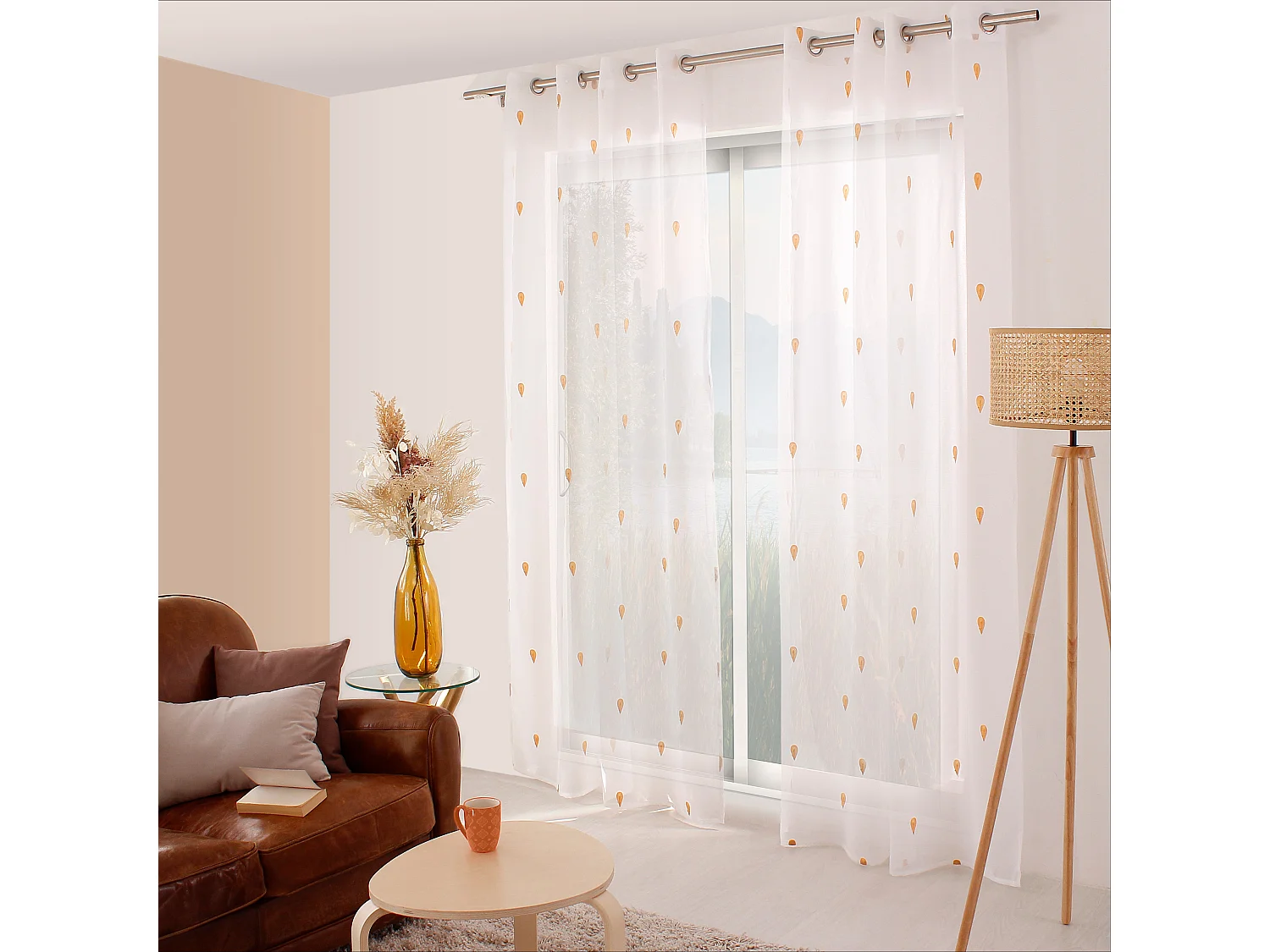 Lot 2 voilages étamine blanc, 140x240cm,  broderie gouttes jaune miel, 140x240cm, collection Telline