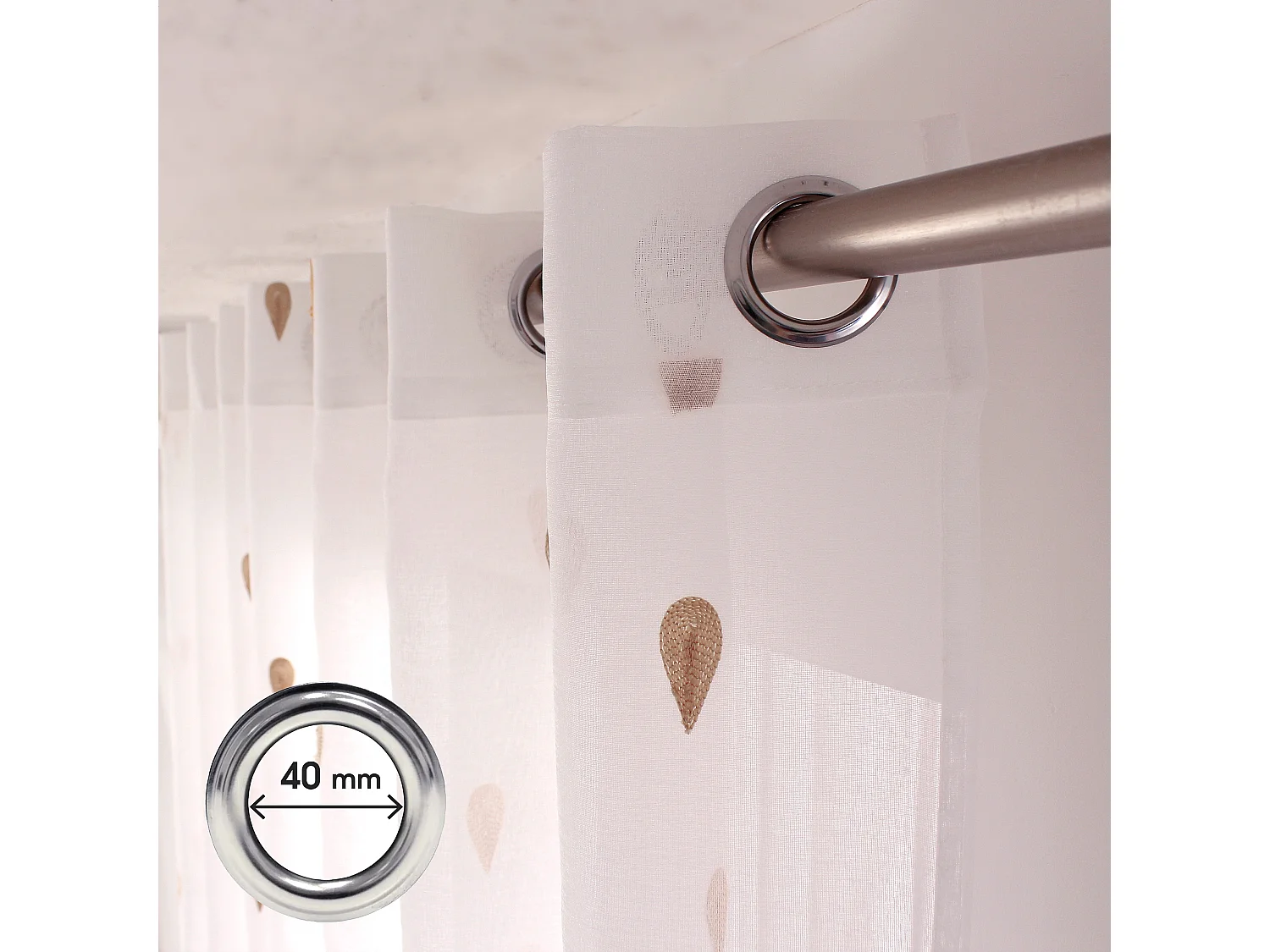 Lot 2 voilages étamine blanc, 140x240cm,  broderie gouttes jaune miel, 140x240cm, collection Telline