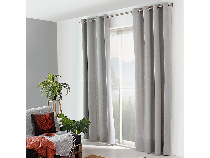 Lot de 2 rideaux avec oeillets, 135x240cm, gris clair, aspect chiné, coton, collection Dune