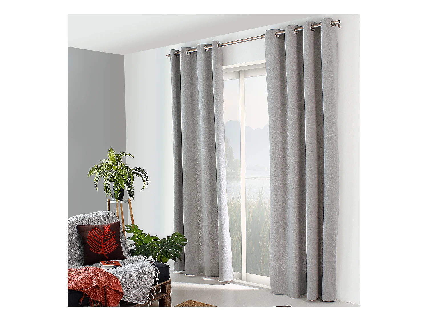 Lot de 2 rideaux avec oeillets, 135x240cm, gris clair, aspect chiné, coton, collection Dune