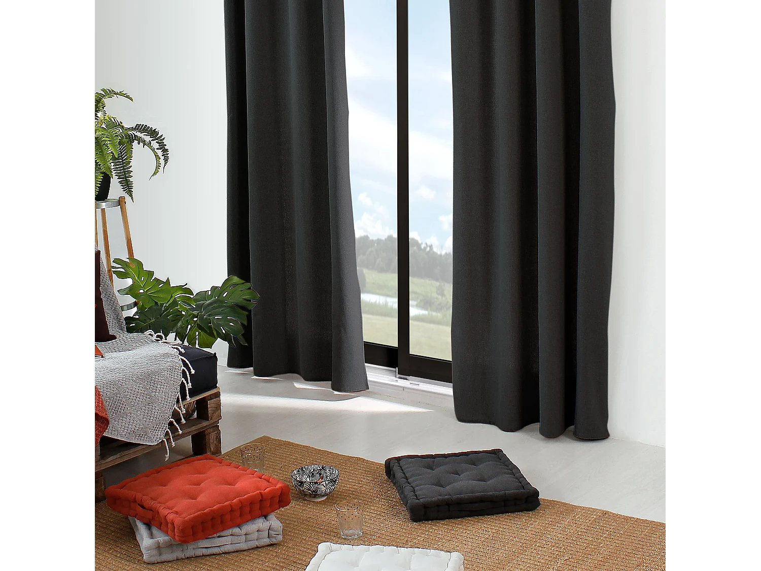 Lot de 2 rideaux avec oeillets, 135x240cm, gris foncé, aspect chiné, coton, collection Dune