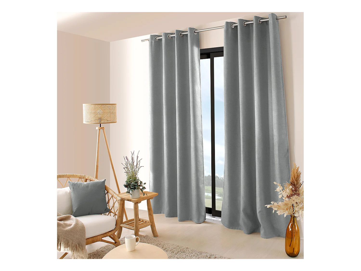 Lot de 2 rideaux obscurcissant thermique fileté avec oeillets, gris, 140x240cm, 100% polyester, collection Floppy