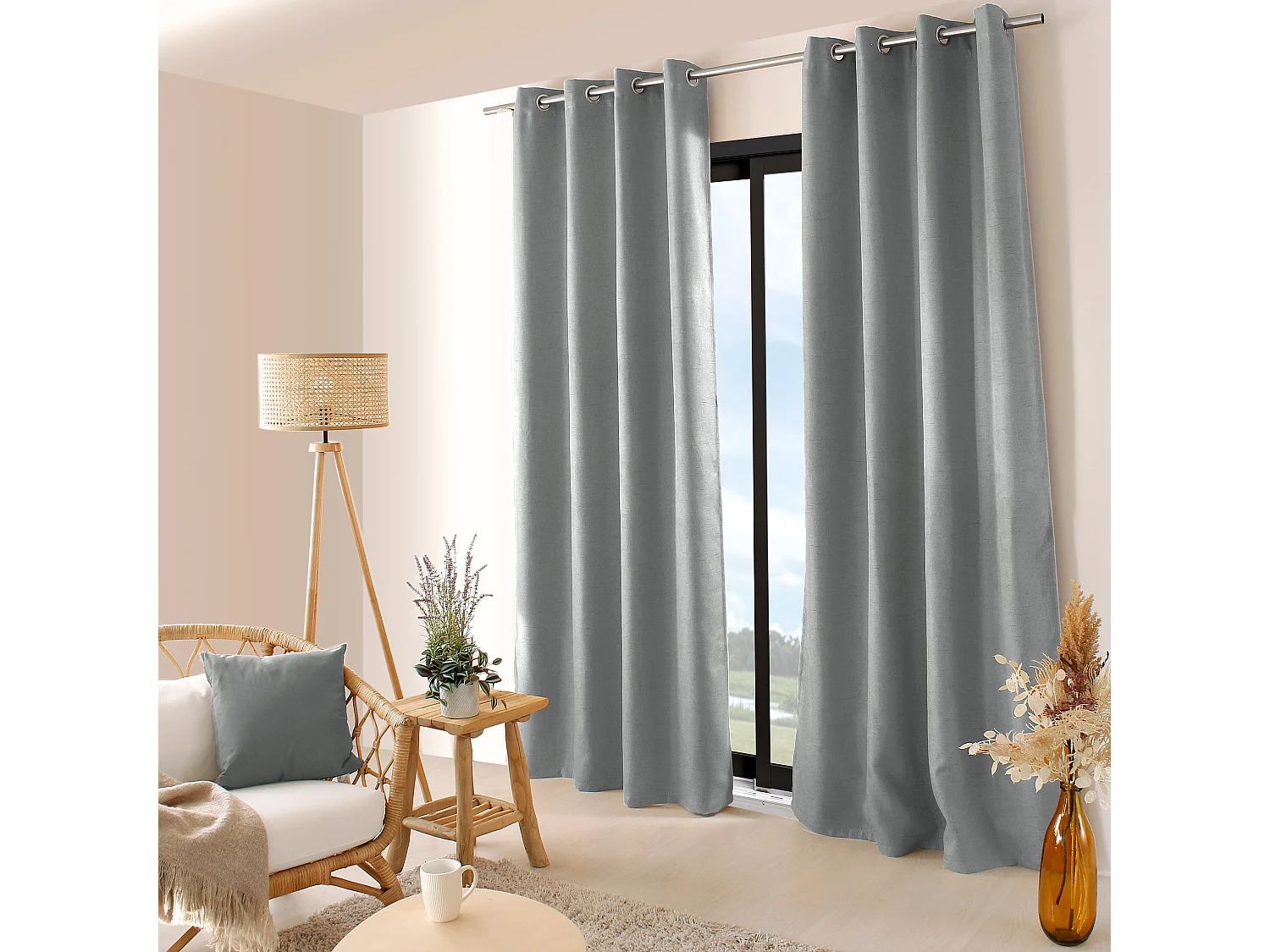 Lot de 2 Rideaux Obscurcissant Fileté avec Œillets, 140x240cm, 100% polyester, Collection Floppy, CMADECO - Gris