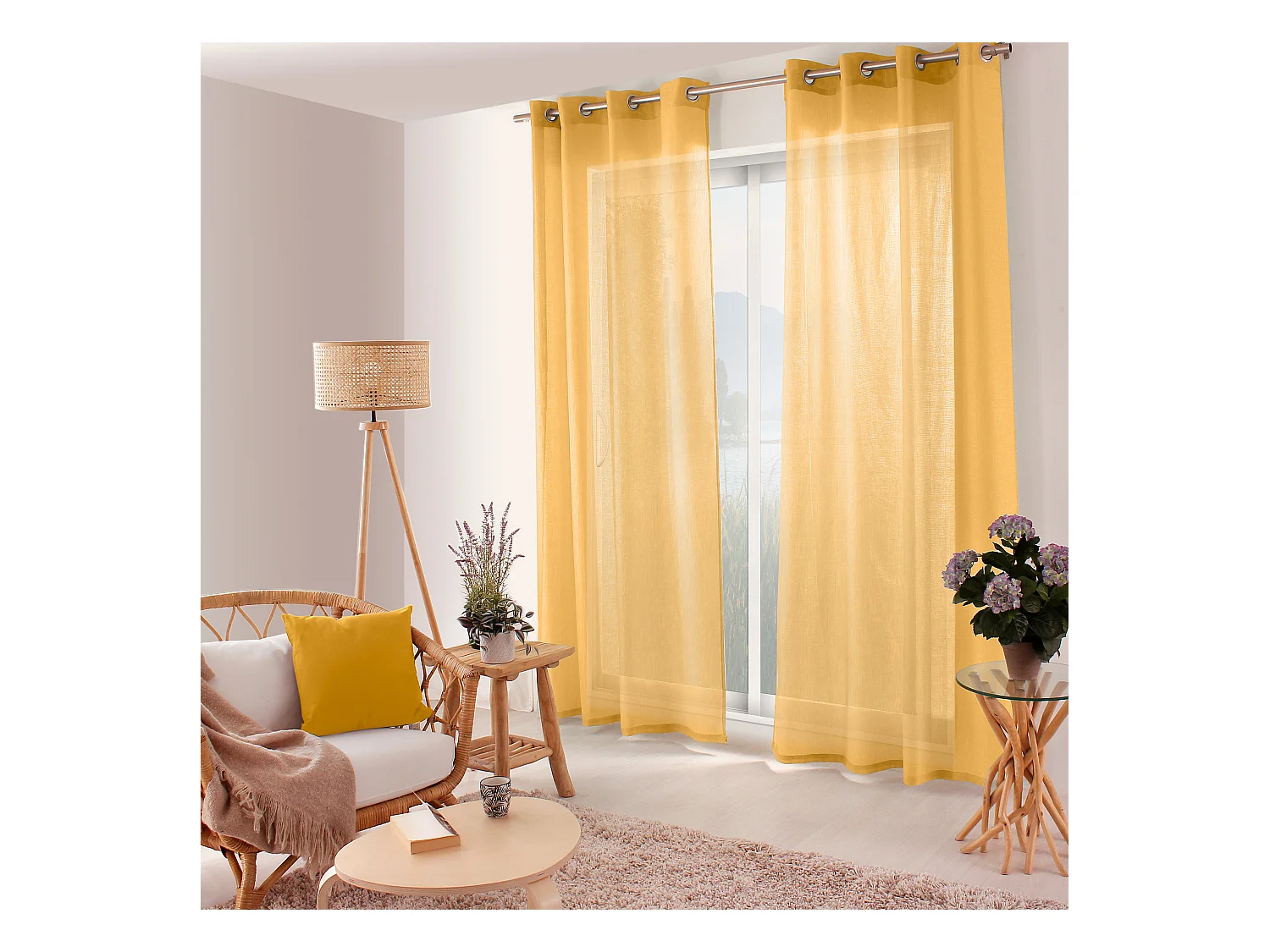 Lot de 2 voilages ajourés avec oeillets, 140x240cm, jaune moutarde, collection Jelly