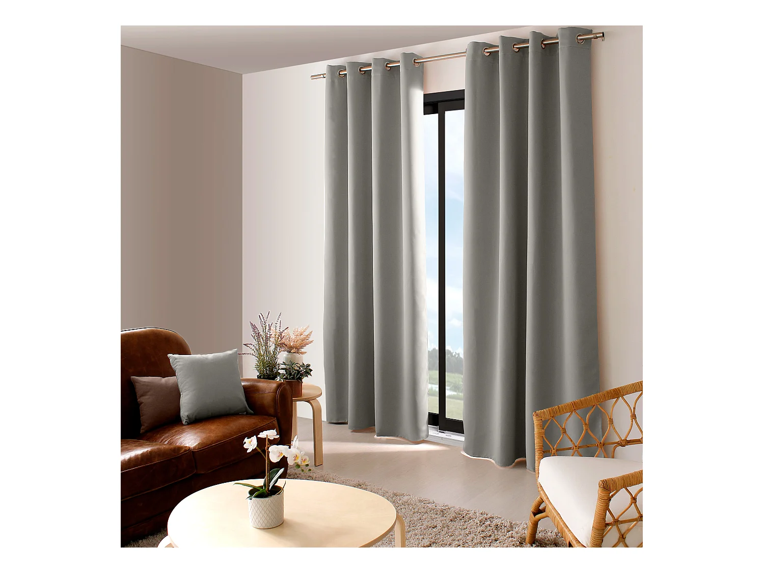 Set van 2 verduisterende gordijnen met doorvoertules, grijs, 140x280cm, 100% polyester, Réglisse Collectie