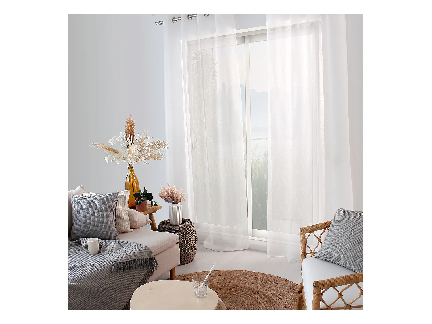 Lot de 2 voilages à œillets, 140x240cm, blanc, effet lin, collection Maya