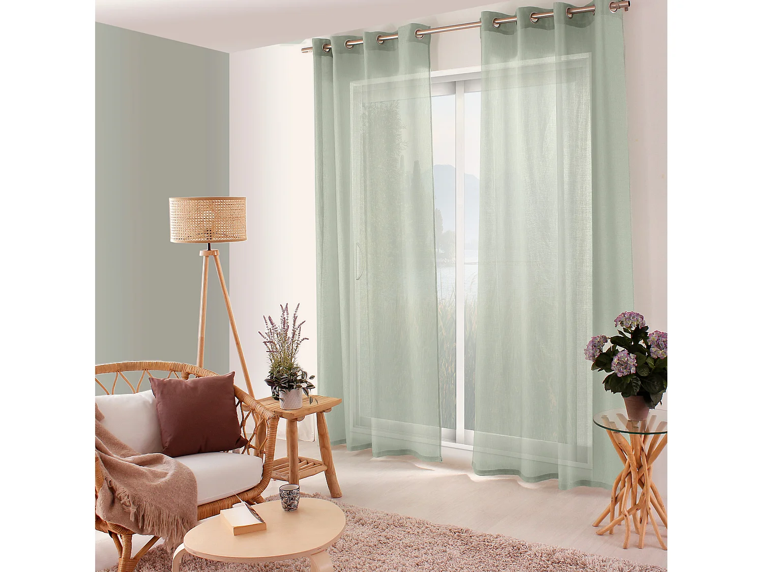 Set van 2 opengewerkte gordijnen met zeilringen, 140x240cm, celadon groen, Jelly collectie