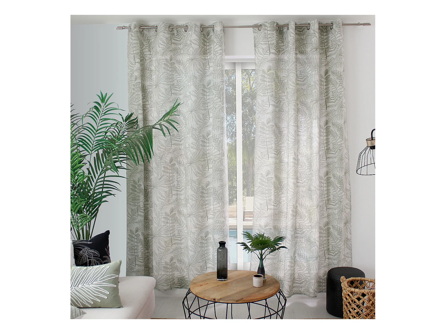 Lot de 2 Rideaux à Œillets, 140x240cm, Ecru et Olive, Motif Jungle Tropical, Collection Mambo