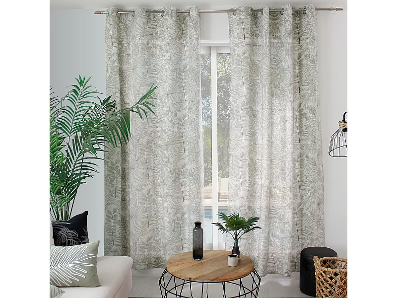 Lot de 2 Rideaux à Œillets, 140x240cm, Ecru et Olive, Motif Jungle Tropical, Collection Mambo