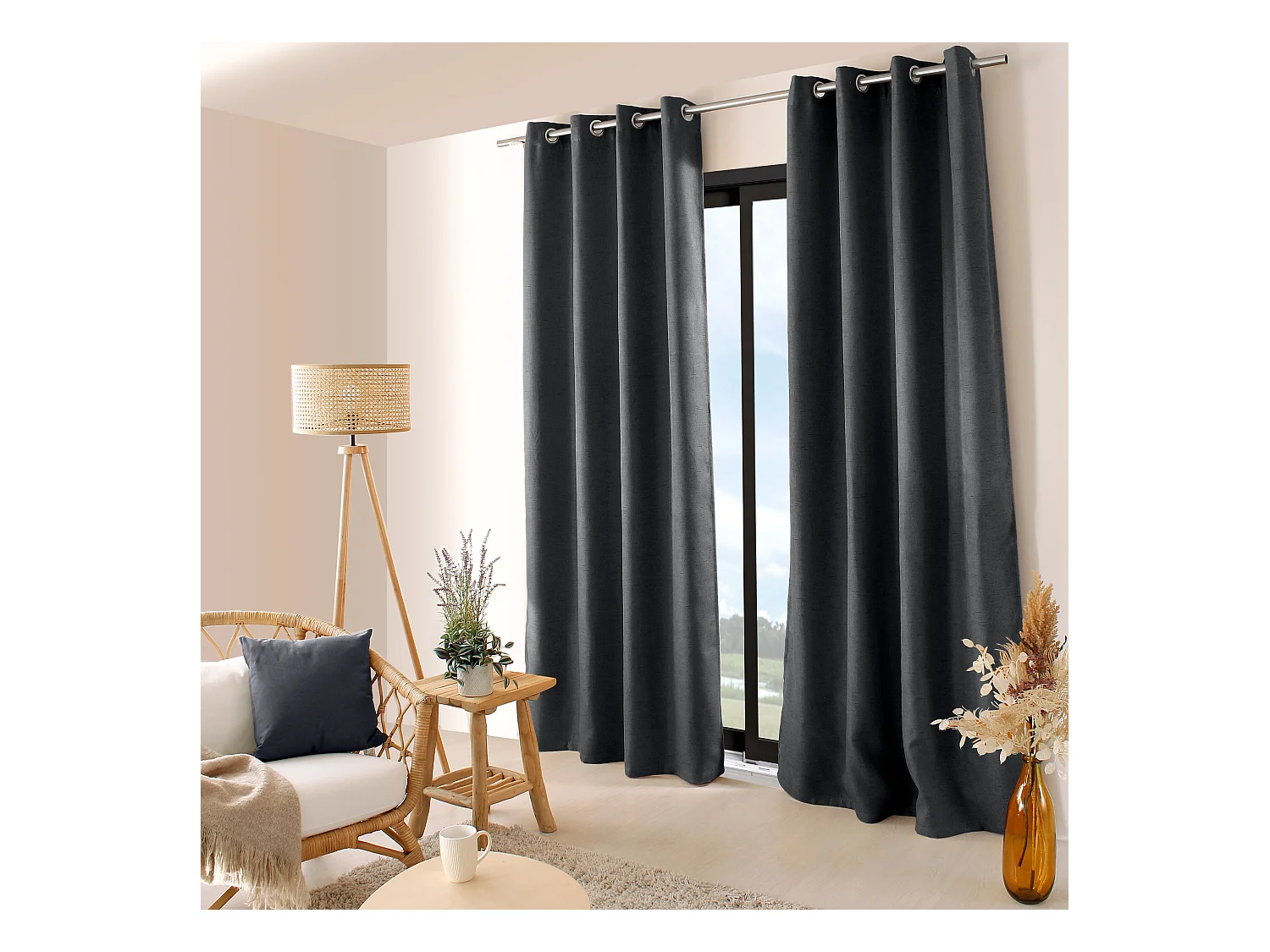 Lot de 2 rideaux obscurcissant thermique fileté avec oeillets, anthracite, 140x240cm, 100% polyester, collection Floppy