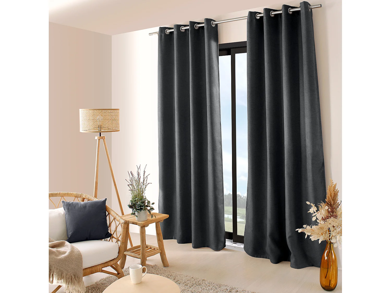 Lot de 2 Rideaux Obscurcissant Fileté avec Œillets, 140x240cm, 100% polyester, Collection Floppy, CMADECO - Noir