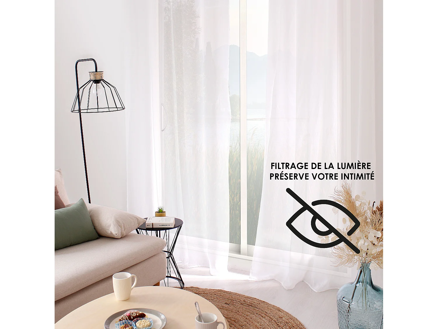 Lot 2 voilages étamine blanc, cœurs gris brodés, 140x240cm, avec oeillets,  collection Cœur