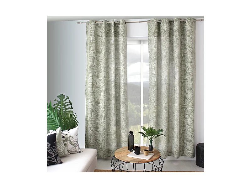 Lot de 2 Rideaux à Œillets, 140x240cm, Olive et Ecru, Motif Jungle Tropical, Collection Mambo