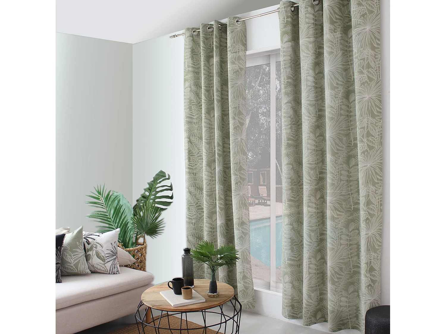 Lot de 2 Rideaux à Œillets, 140x240cm, Olive et Ecru, Motif Jungle Tropical, Collection Mambo