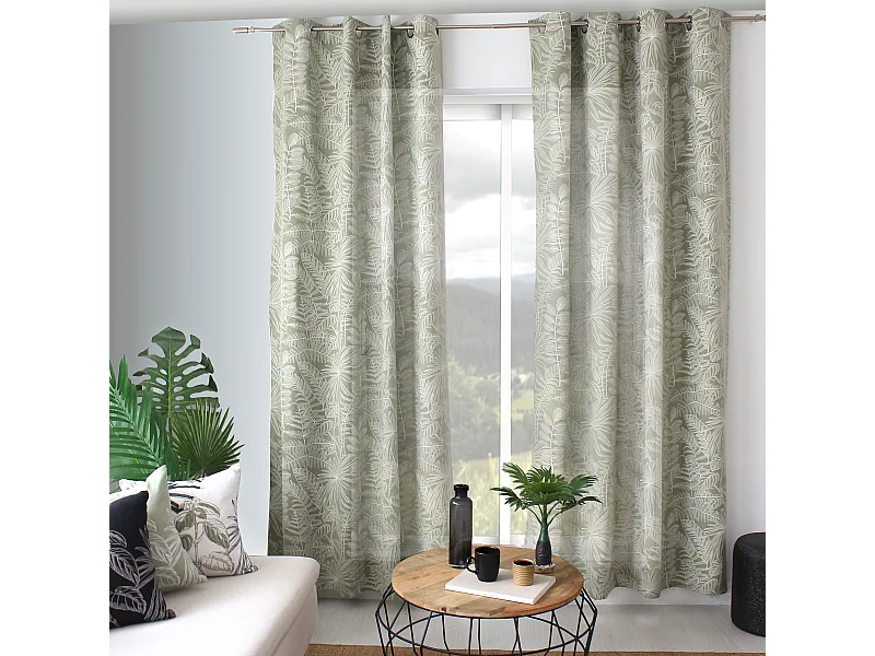 Lot de 2 Rideaux à Œillets, 140x240cm, Olive et Ecru, Motif Jungle Tropical, Collection Mambo