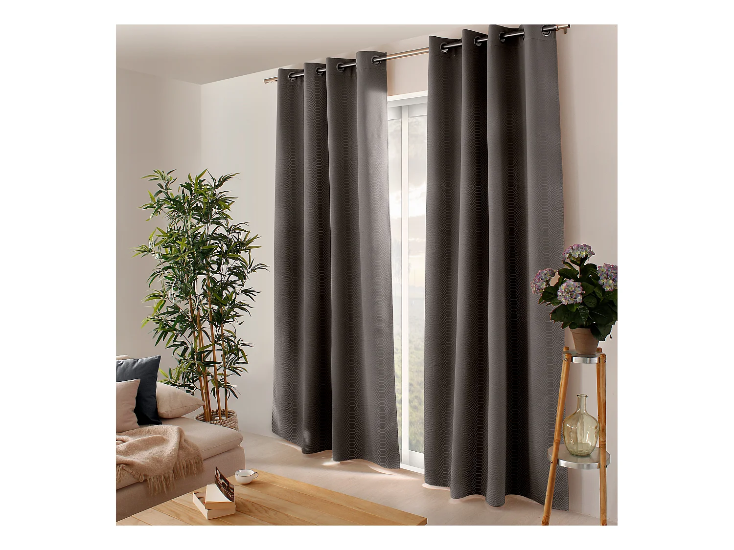 Lot de 2 rideaux occultants, avec oeillets, 140x240cm, gris foncé, motif écaille, collection Crocodile