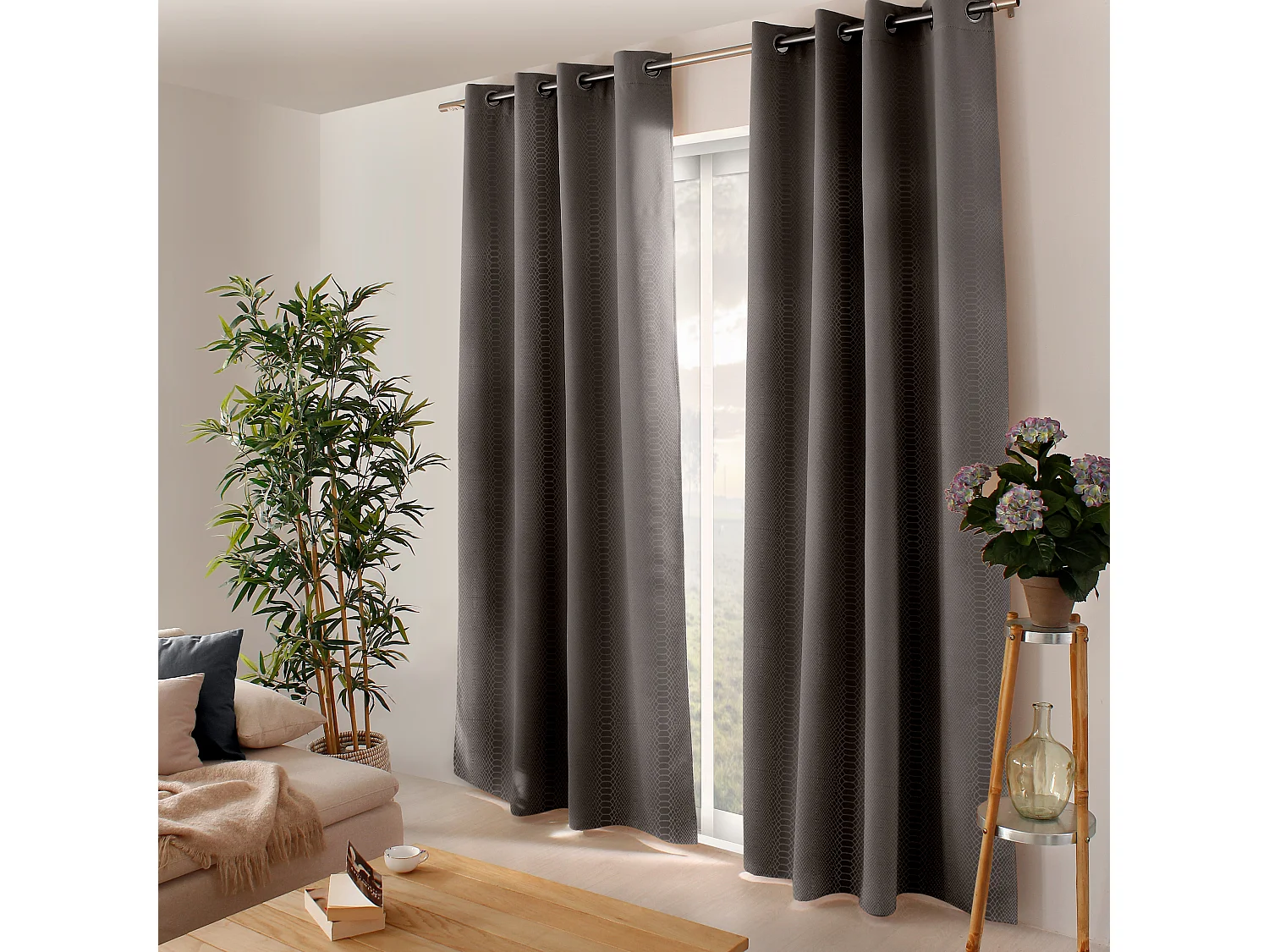 Lot de 2 rideaux occultants, avec oeillets, 140x240cm, gris foncé, motif écaille, collection Crocodile