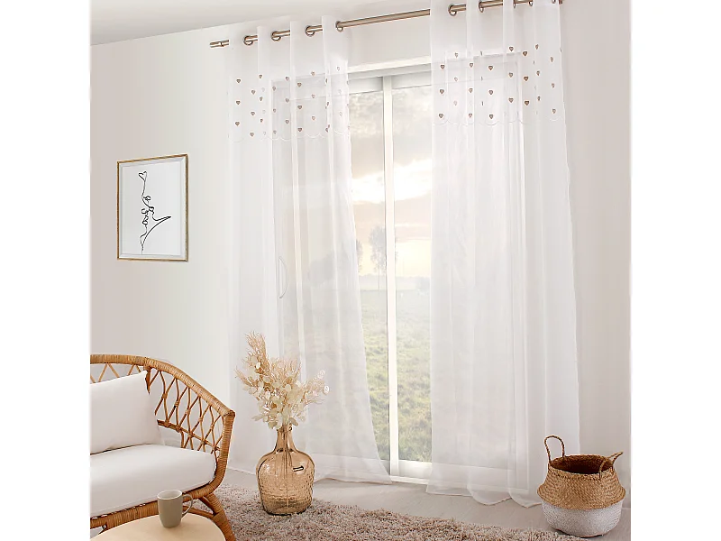 Lot 2 voilages étamine blanc, cœurs beige brodées, 140x240cm, collection Cœur