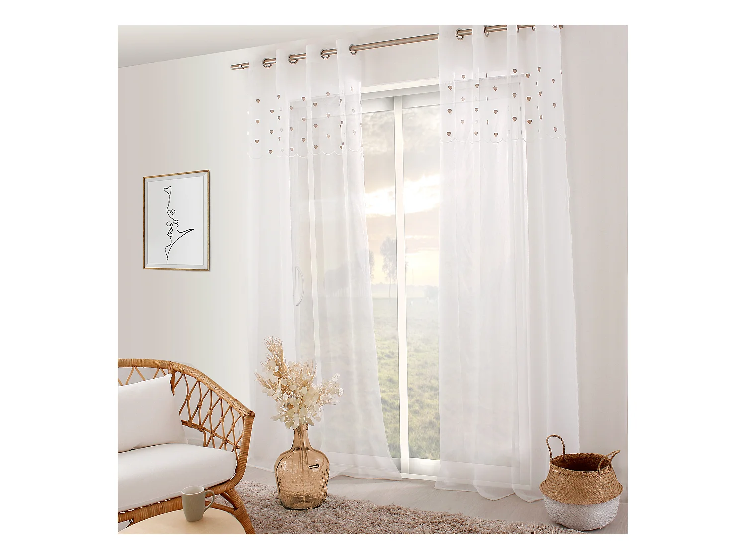 Lot 2 voilages étamine blanc, cœurs beige brodées, 140x240cm, collection Cœur