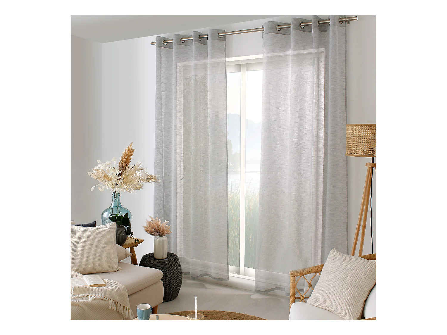 Lot de 2 voilages à œillets, 140x240cm, gris galet, effet lin, collection Maya