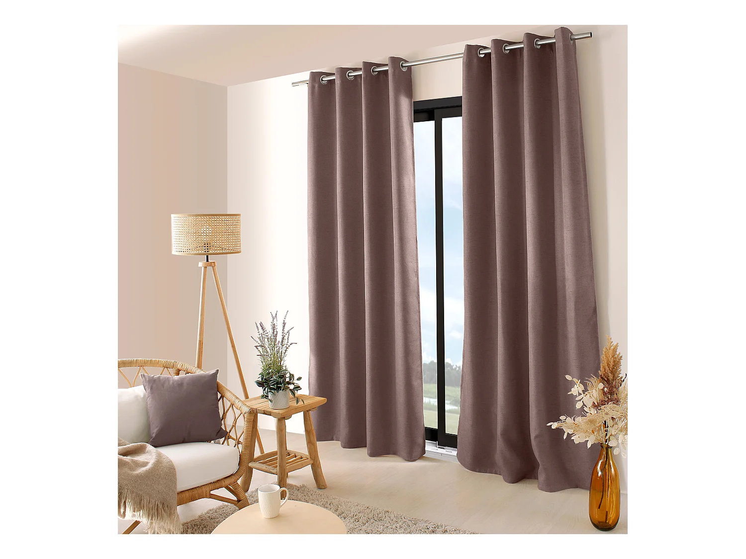 Lot de 2 rideaux obscurcissant thermique fileté avec oeillets, marron glacé, 140x240cm, 100% polyester, collection Floppy