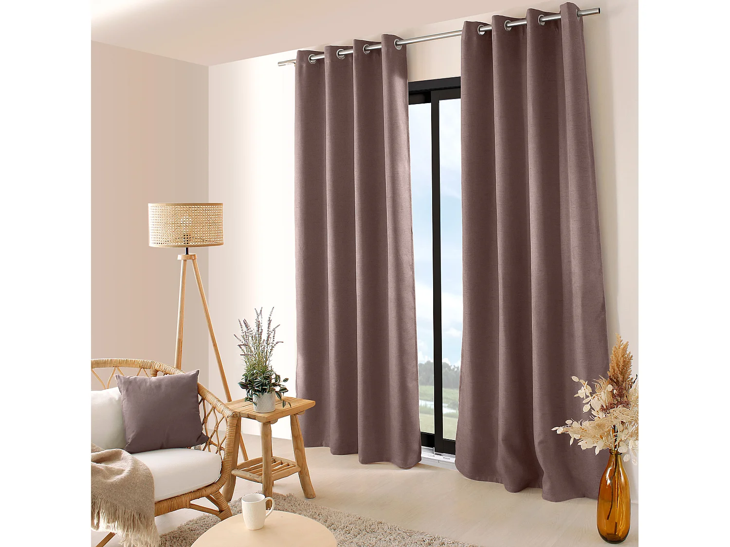 Lot de 2 Rideaux Obscurcissant Fileté avec Œillets, 140x240cm, 100% polyester, Collection Floppy, CMADECO - Marron