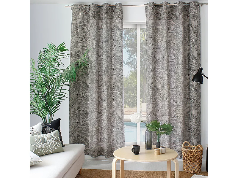 Lot de 2 Rideaux à Œillets, 140x240cm, Naturel et Gris, Motif Jungle Tropical, Collection Mambo