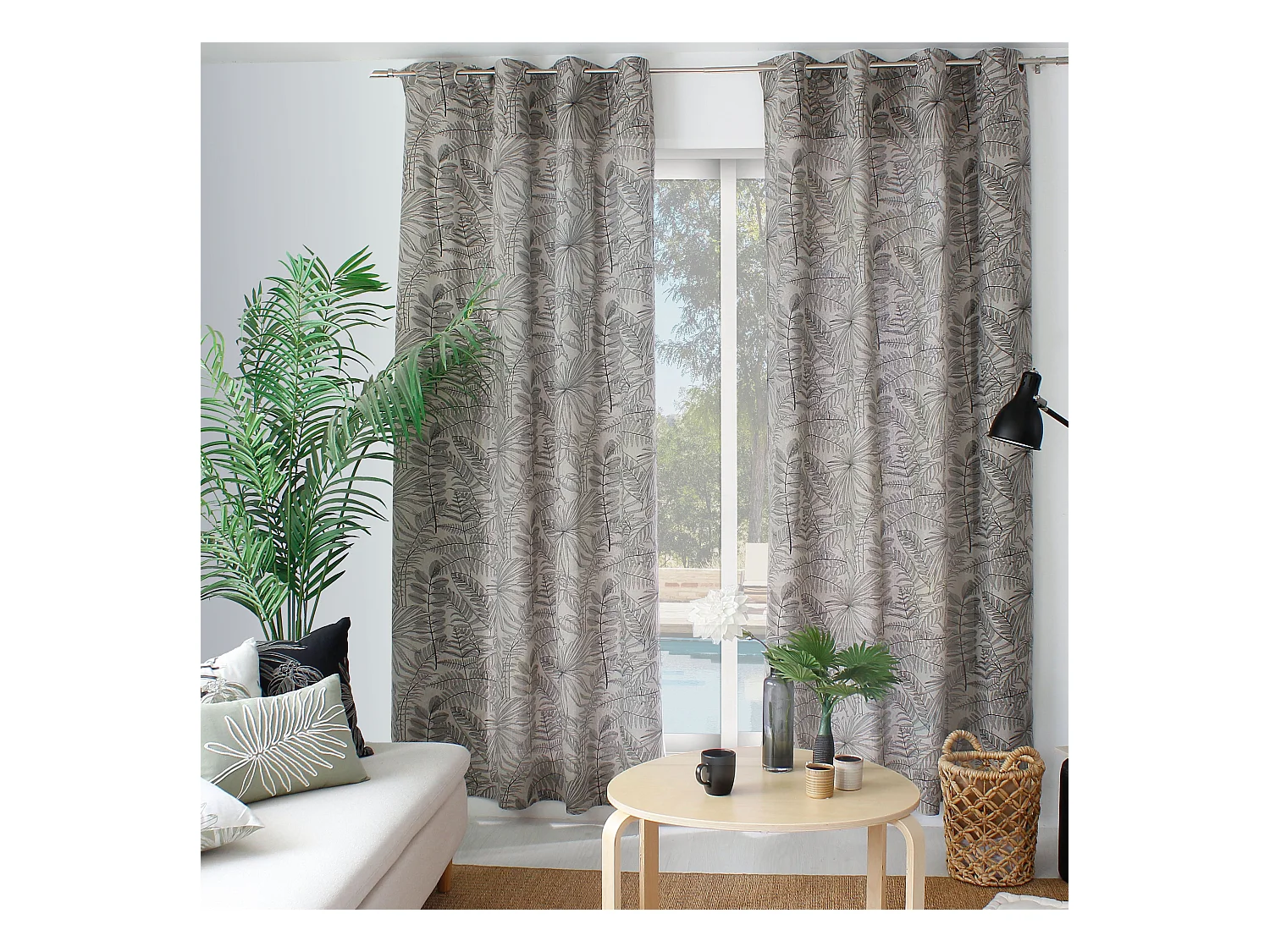 Lot de 2 Rideaux à Œillets, 140x240cm, Naturel et Gris, Motif Jungle Tropical, Collection Mambo