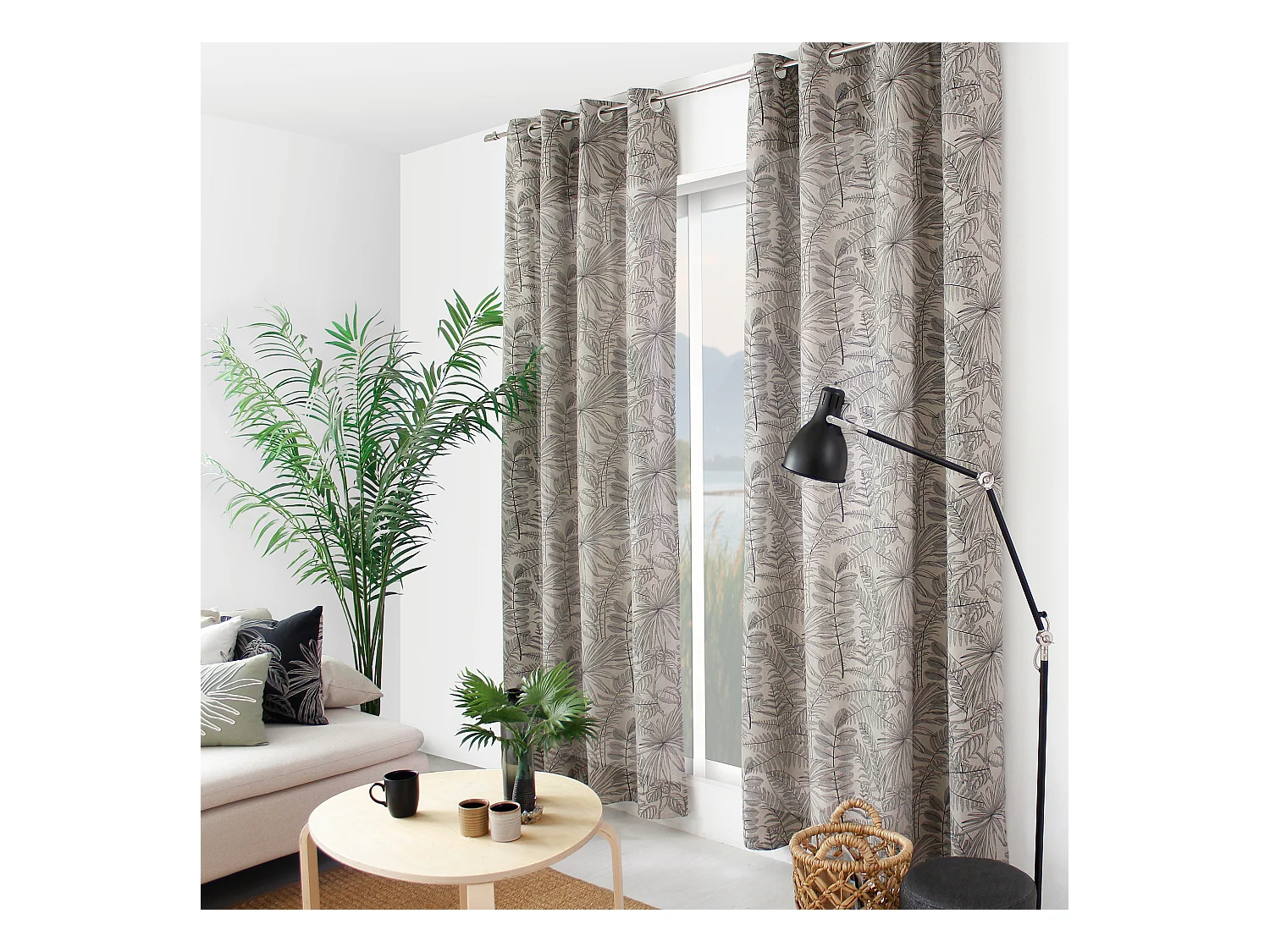 Lot de 2 Rideaux à Œillets, 140x240cm, Naturel et Gris, Motif Jungle Tropical, Collection Mambo