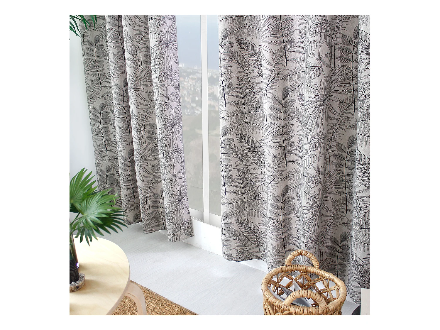 Lot de 2 Rideaux à Œillets, 140x240cm, Naturel et Gris, Motif Jungle Tropical, Collection Mambo